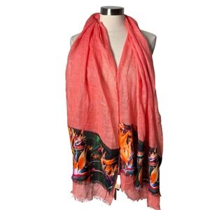 Pashma Linen Cashmere Silk Scarf Coral Pink Bird of Paradise Floral Wrap Shawl